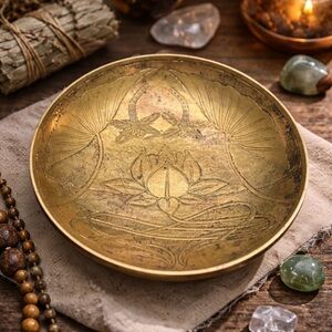 VINTAGE Hand-Engraved Brass Lotus & Dragonfly Bowl w/ Textured Rim • Altar Dish